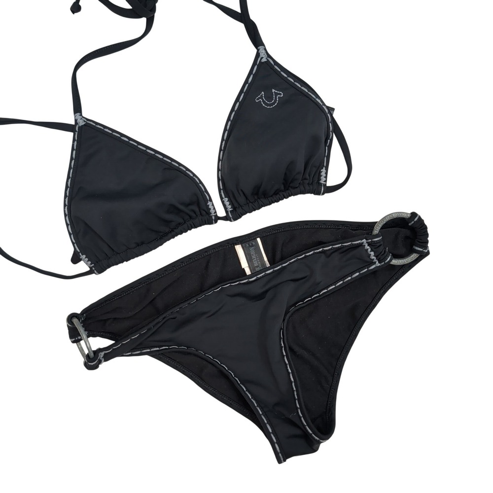 True Religion Black Contrast Stitch Triangle Bikini Set Small Medium Logo Y2K